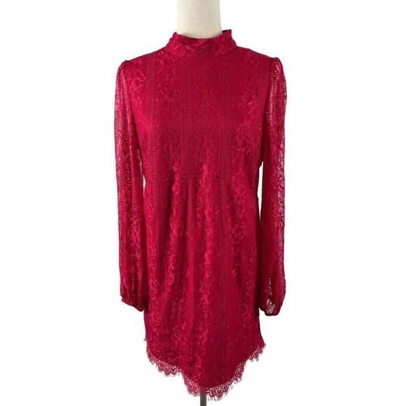 Anthropologie Maeve Open Back Lace Mini Dress Raspberry 12 Pockets Romantic Date - Picture 2 of 16